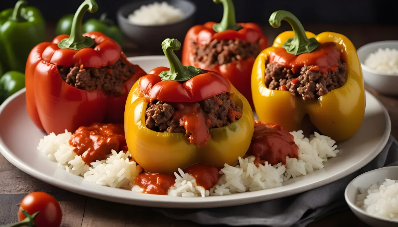 Stuffed Peppers with Ground Beef, Rice and Tomato Sauce